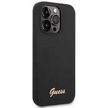 Заредете изображение във визуализатора на галерията – Original Case GUESS Silicone Vintage Gold Logo GUHCP14LSLSMK for Iphone 14 Pro black
