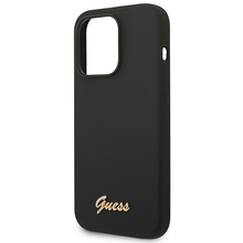 Заредете изображение във визуализатора на галерията – Original Case GUESS Silicone Vintage Gold Logo GUHCP14LSLSMK for Iphone 14 Pro black
