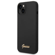 Заредете изображение във визуализатора на галерията – Original Case GUESS Silicone Vintage Gold Logo GUHCP14SSLSMK for Iphone 14 black

