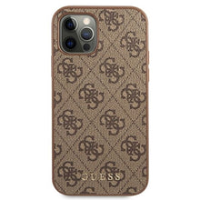 Заредете изображение във визуализатора на галерията – Original Case GUESS Hardcase 4G Metal Gold Logo GUHCP12MG4GFBR for Iphone 12/12 Pro Brown
