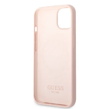 Заредете изображение във визуализатора на галерията – Original Case GUESS Silicone Logo Plate MagSafe GUHMP13MSBPLP for Iphone 13 pink
