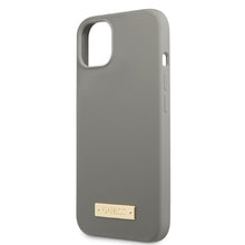Заредете изображение във визуализатора на галерията – Original Case GUESS Silicone Logo Plate MagSafe GUHMP13SSPLG for Iphone 13 Mini grey
