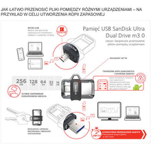 Заредете изображение във визуализатора на галерията – Pendrive SANDISK ULTRA DUAL DRIVE m3.0 - 64GB 150MB / s - USB 3.0 / Micro USB
