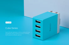 Заредете изображение във визуализатора на галерията – Recci Wall Charger Cube RUC5003 - 4xUSB - 2,1A CN/US plug Orange + EU adapter
