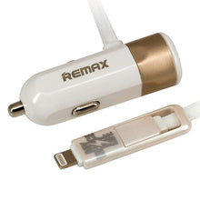 Заредете изображение във визуализатора на галерията – REMAX Car Charger RCC-102 - USB - 3,4A with 2 in 1 cable Micro USB, Lightning gold
