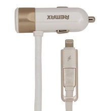 Заредете изображение във визуализатора на галерията – REMAX Car Charger RCC-102 - USB - 3,4A with 2 in 1 cable Micro USB, Lightning gold
