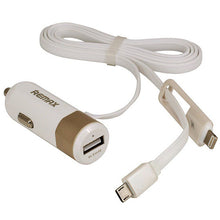 Заредете изображение във визуализатора на галерията – REMAX Car Charger RCC-102 - USB - 3,4A with 2 in 1 cable Micro USB, Lightning gold

