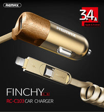 Заредете изображение във визуализатора на галерията – REMAX Car Charger RCC-103 Finchy - USB - 3,4A with Lightning + MicroUSB cable silver
