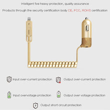 Заредете изображение във визуализатора на галерията – REMAX Car Charger RCC-103 Finchy - USB - 3,4A with Lightning + MicroUSB cable silver
