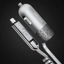Заредете изображение във визуализатора на галерията – REMAX Car Charger RCC-103 Finchy - USB - 3,4A with Lightning + MicroUSB cable silver
