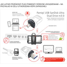 Заредете изображение във визуализатора на галерията – Pendrive SANDISK ULTRA DUAL DRIVE m3.0 - 256GB 150MB / s - USB 3.0 / Micro USB
