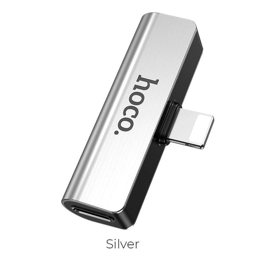 Hoco аудио конвертор ls25 за iPhone lightning 8-pin към жак 3,5мм + lightning 8-pin сребърен - TopMag