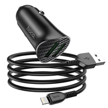Заредете изображение във визуализатора на галерията – Hoco car charger 2 x usb qc3.0 18w + cable for iphone lightning 8-pin farsighted z39 black - TopMag
