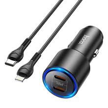 Заредете изображение във визуализатора на галерията – Hoco car charger 2x type c clear way power delivery pd40w qc + kabel type c for iphone lightning 8-pin nz3 black - TopMag
