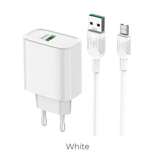 Заредете изображение във визуализатора на галерията – Hoco charger dynamic power usb + kabel micro qc3.0 5a ca69 white eol - TopMag
