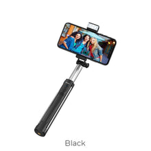 Заредете изображение във визуализатора на галерията – Hoco selfie stick with wirelles remote control + lamp k10a magnificent 1,1 meter black - TopMag
