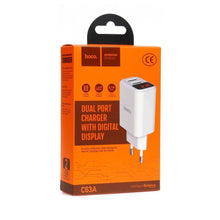 Заредете изображение във визуализатора на галерията – Hoco travel charger c63a victoria dual port charger with digital display (eu) white - TopMag

