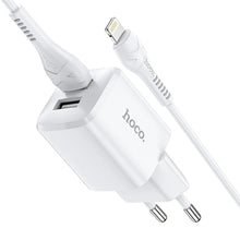 Заредете изображение във визуализатора на галерията – Hoco зарядно 2xusb + кабел lightning 8-pin 2,4a n8 briar white - TopMag
