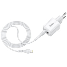 Заредете изображение във визуализатора на галерията – Hoco зарядно 2xusb + кабел lightning 8-pin 2,4a n8 briar white - TopMag
