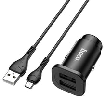 Заредете изображение във визуализатора на галерията – Hoco зарядно за кола 2xusb + кабел micro wise road nz4,8a 24w черно - TopMag
