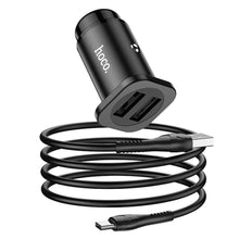 Заредете изображение във визуализатора на галерията – Hoco зарядно за кола 2xusb + кабел type c wise road nz4,8a 24w черно - TopMag
