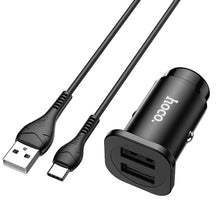 Заредете изображение във визуализатора на галерията – Hoco зарядно за кола 2xusb + кабел type c wise road nz4,8a 24w черно - TopMag
