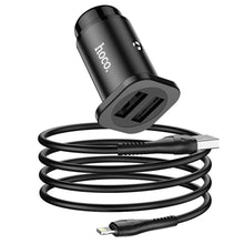 Заредете изображение във визуализатора на галерията – Hoco зарядно за кола 2xusb + кабел за iphone lightning 8-pin wise road nz4,8a 24w черно - TopMag

