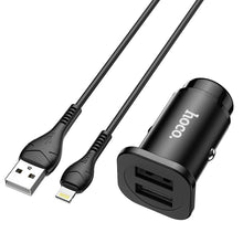 Заредете изображение във визуализатора на галерията – Hoco зарядно за кола 2xusb + кабел за iphone lightning 8-pin wise road nz4,8a 24w черно - TopMag
