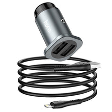 Заредете изображение във визуализатора на галерията – Hoco зарядно за кола 2xusb + кабел за iphone lightning 8-pin wise road nz4,8a 24w сиво - TopMag
