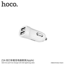 Заредете изображение във визуализатора на галерията – Hoco зарядно за кола double usb port 2,4a with for iPhone lightning 8-pin кабел z2a white - TopMag
