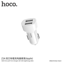 Заредете изображение във визуализатора на галерията – Hoco зарядно за кола double usb port 2,4a with for iPhone lightning 8-pin кабел z2a white - TopMag
