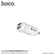 Заредете изображение във визуализатора на галерията – Hoco зарядно за кола double usb port 2,4a with micro кабел z2a white - TopMag
