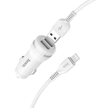 Заредете изображение във визуализатора на галерията – Hoco зарядно за кола staunch 2 x usb 2,4a + кабел for iPhone lightning 8-pin z27 white - TopMag
