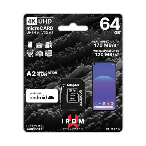 Memory card irdm by goodram 64gb microsd uhs i u3 v30 a2 170/120mb/s with adapter - TopMag