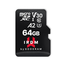 Заредете изображение във визуализатора на галерията – Memory card irdm by goodram 64gb microsd uhs i u3 v30 a2 170/120mb/s with adapter - TopMag
