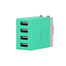 Заредете изображение във визуализатора на галерията – Recci Wall Charger Cube RUC5003 - 4xUSB - 2,1A CN/US plug Green + EU adapter
