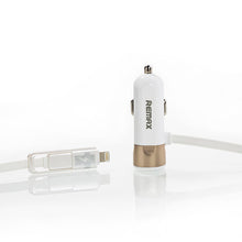 Заредете изображение във визуализатора на галерията – REMAX Car Charger RCC-102 - USB - 3,4A with 2 in 1 cable Micro USB, Lightning gold
