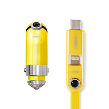 Заредете изображение във визуализатора на галерията – REMAX Car Charger Cutie RCC-211 - USB - 2,4A with 3 in 1 cable Micro USB, Lightning, Type C YELLOW
