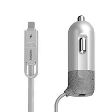 Заредете изображение във визуализатора на галерията – REMAX Car Charger RCC-103 Finchy - USB - 3,4A with Lightning + MicroUSB cable silver
