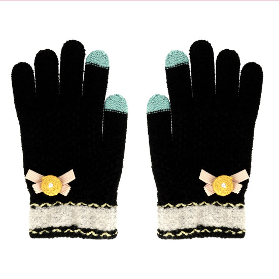 Gloves for touch screens BLACK WITH FLOWER