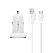 Заредете изображение във визуализатора на галерията – Borofone Car charger BZ12 Lasting Power - 2xUSB - 2,4A with USB to Micro USB cable white
