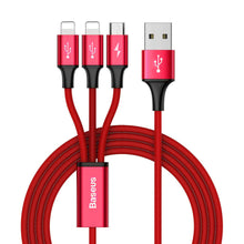 Заредете изображение във визуализатора на галерията – Baseus Cable Rapid 3 in 1 - USB to Micro USB, 2xLightning - 3A 1,2 meters (CAMLL-SU09) red
