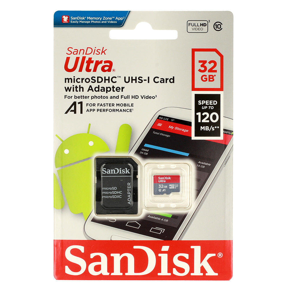 SANDISK ULTRA  A1 Memory MicroSD Card - 32GB 120MB/s Class 10 UHS-I + adapter