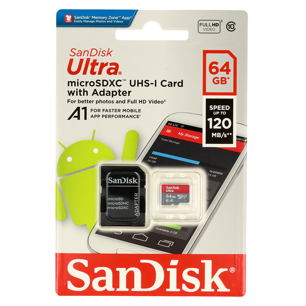 SANDISK ULTRA  A1 Memory MicroSD Card - 64GB 120MB/s Class 10 UHS-I + adapter