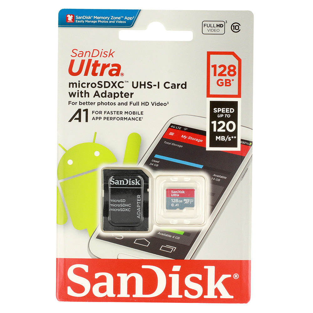 SANDISK ULTRA  A1 Memory MicroSD Card - 128GB 120MB/s Class 10 UHS-I + adapter