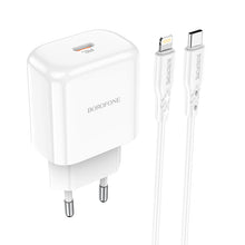 Заредете изображение във визуализатора на галерията – Borofone Wall charger BN3 Premium - Type C - QC 3.0 PD 2.0 20W with Type C to Lightning cable white
