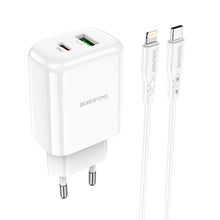 Заредете изображение във визуализатора на галерията – Borofone Wall charger BN4 Potential - USB + Type C - QC 3.0 PD 2.0 20W with Type C to Lightning cable white
