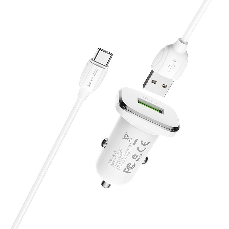 Borofone Car charger BZ12A Lasting Power - USB - QC 3.0 18W 3A with USB to Type C cable white