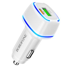 Заредете изображение във визуализатора на галерията – Borofone Car charger BZ14A Mercury - USB + Type C - QC 3.0 PD 20W 3A white
