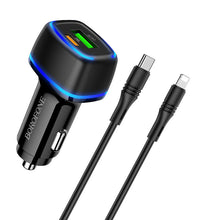 Заредете изображение във визуализатора на галерията – Borofone Car charger BZ14A Mercury - USB + Type C - QC 3.0 PD 20W 3A with Type C to Lightning cable black
